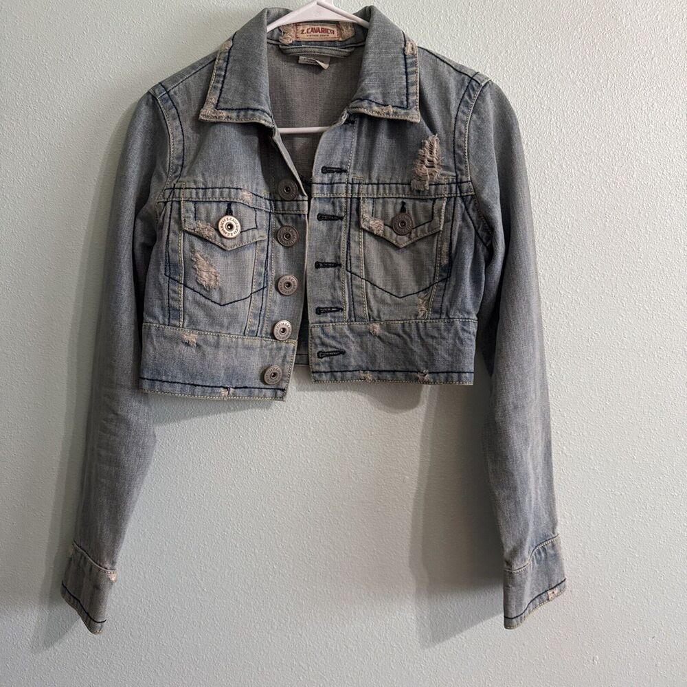 Z‎ Cavarici Womens Cropped Denim Jacket Distressed Light Wash Size XS